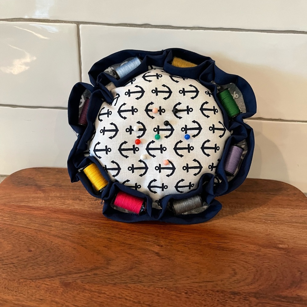 Hand Crafted Anchor Pattern Pin Cushion with Thread Holder